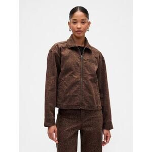 GAP Cropped Print Denim Chore Jacket in Brown Leopard Size XL